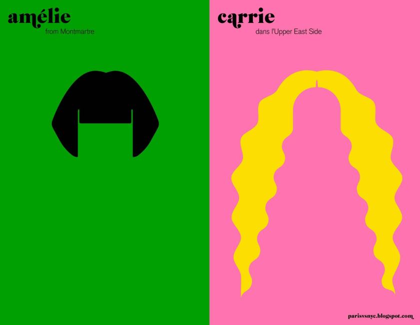 Personajele Carrie si Amélie cred ca sunt emblematce pentru Paris si pentru New York desi povestile care vin cu ele nu sunt tocmai asemanatoare. Mi-a placut Sex and the City dar trebuie sa recunosc ca mi-a placut si mai mult Le fabuleux destin d'Amélie Poulin.